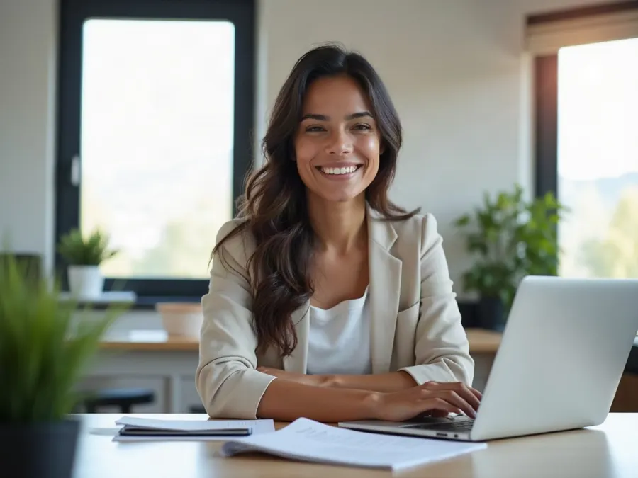 Contadora sonriendo en su oficina