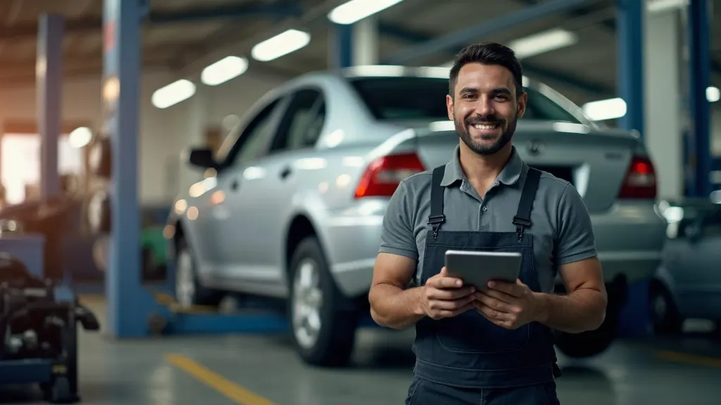 Mecánico con tablet junto a un auto en el taller